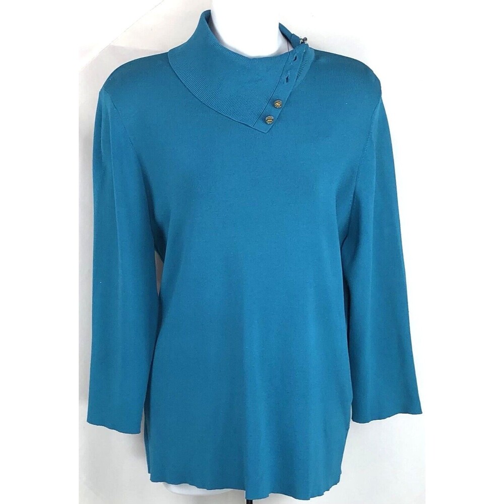 NWT Dana Buchman Button Mock Neck Knit Top XL Teal 3/4 Sleeves Classic Career